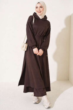 Loyşa Waist-Defined Long Tunic Set Dark Brown