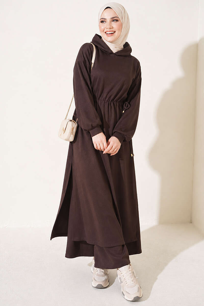 Loyşa Waist-Defined Long Tunic Set Dark Brown