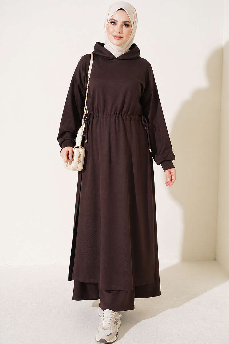 Loyşa Waist-Defined Long Tunic Set Dark Brown - الصورة 4
