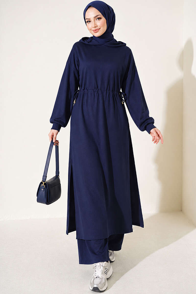 Loyşa Waist-Defined Long Tunic Set Navy Blue – Bild 4