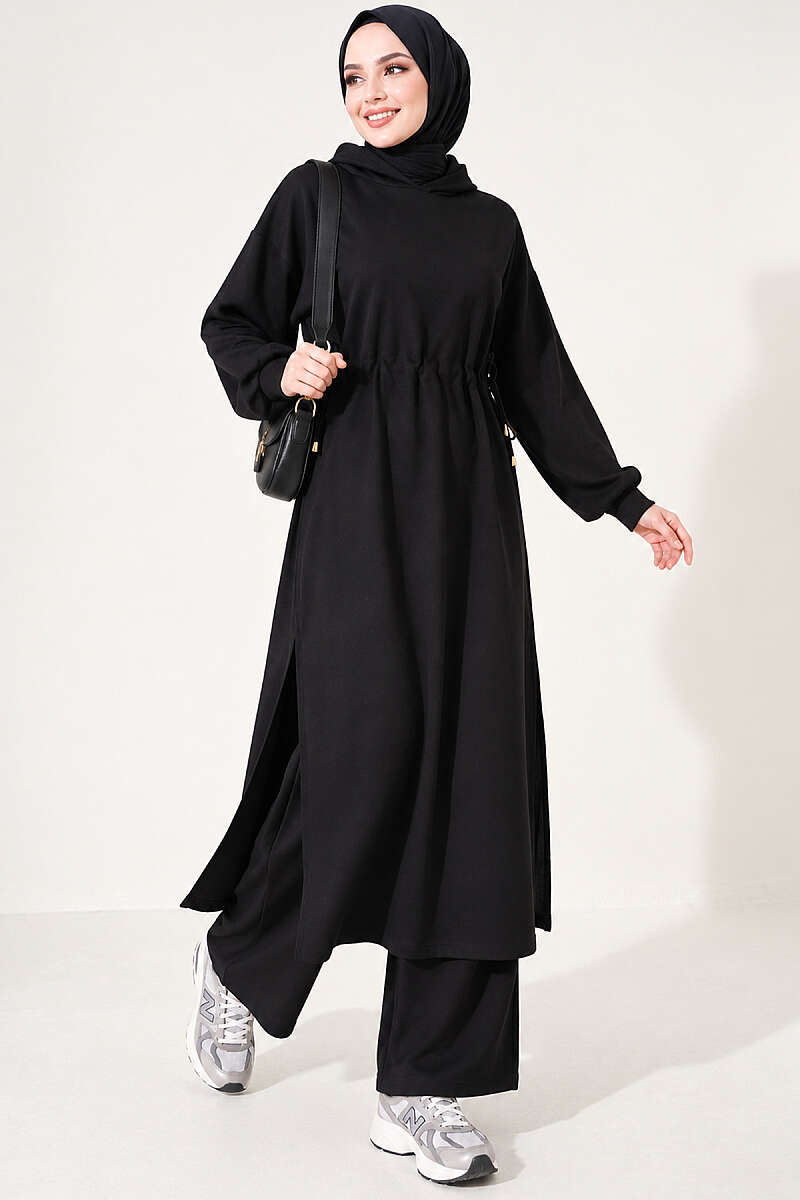 Loyşa Waist-Defined Long Tunic Set Black