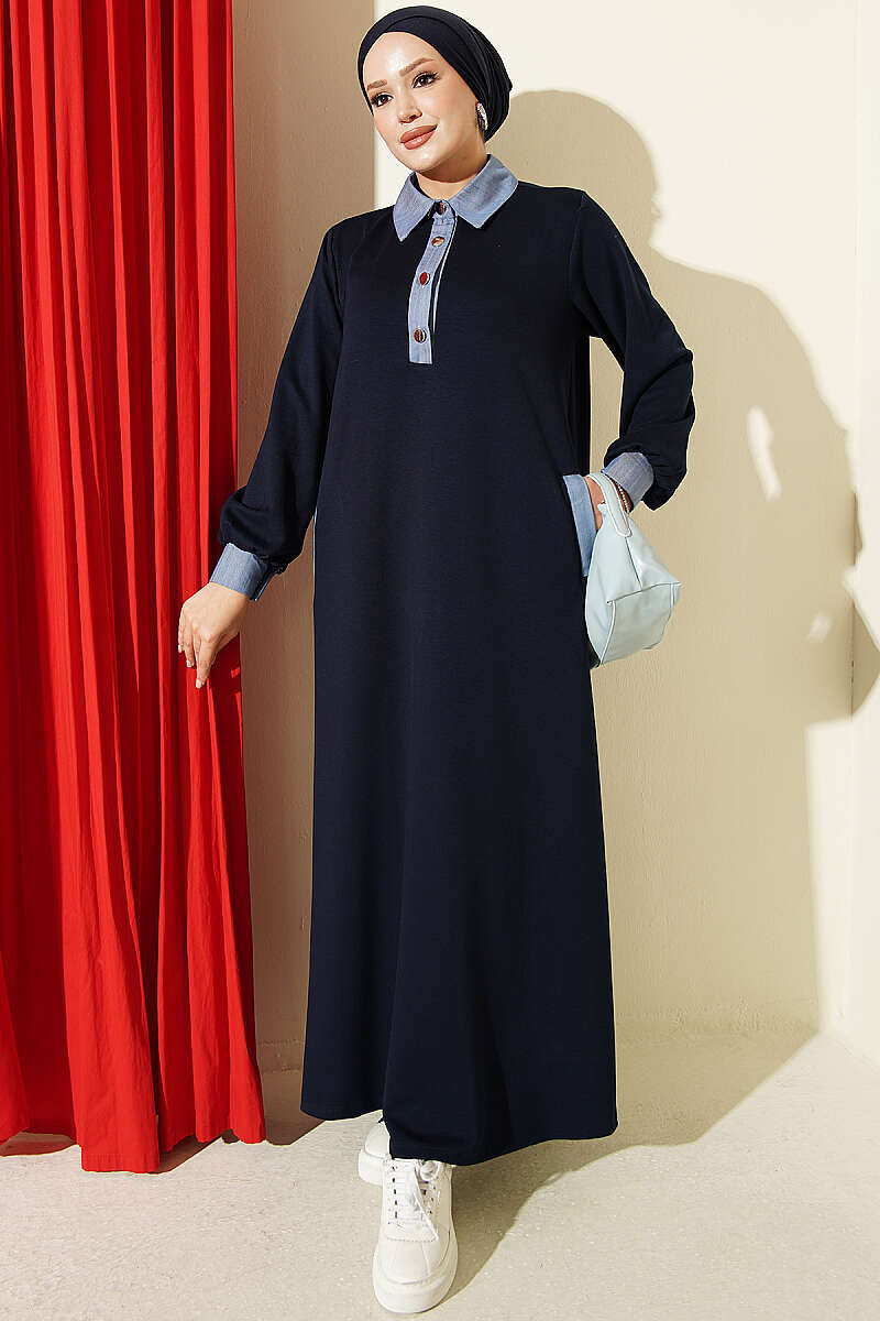 Loyşa Denim Garment with Ribbed Hem Edge Dress Navy Blue