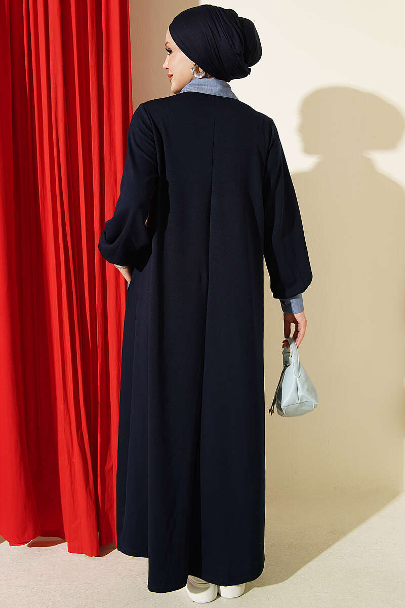 Loyşa Denim Garment with Ribbed Hem Edge Dress Navy Blue - Image 3