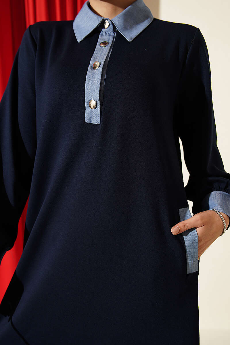 Loyşa Denim Garment with Ribbed Hem Edge Dress Navy Blue - Image 4