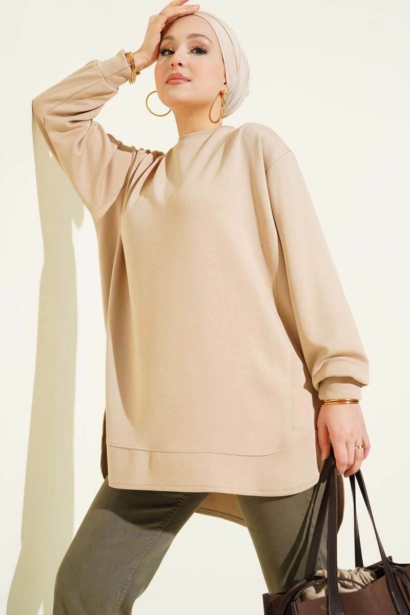 Loyşa Oval Cut Oversize Tunic Beige