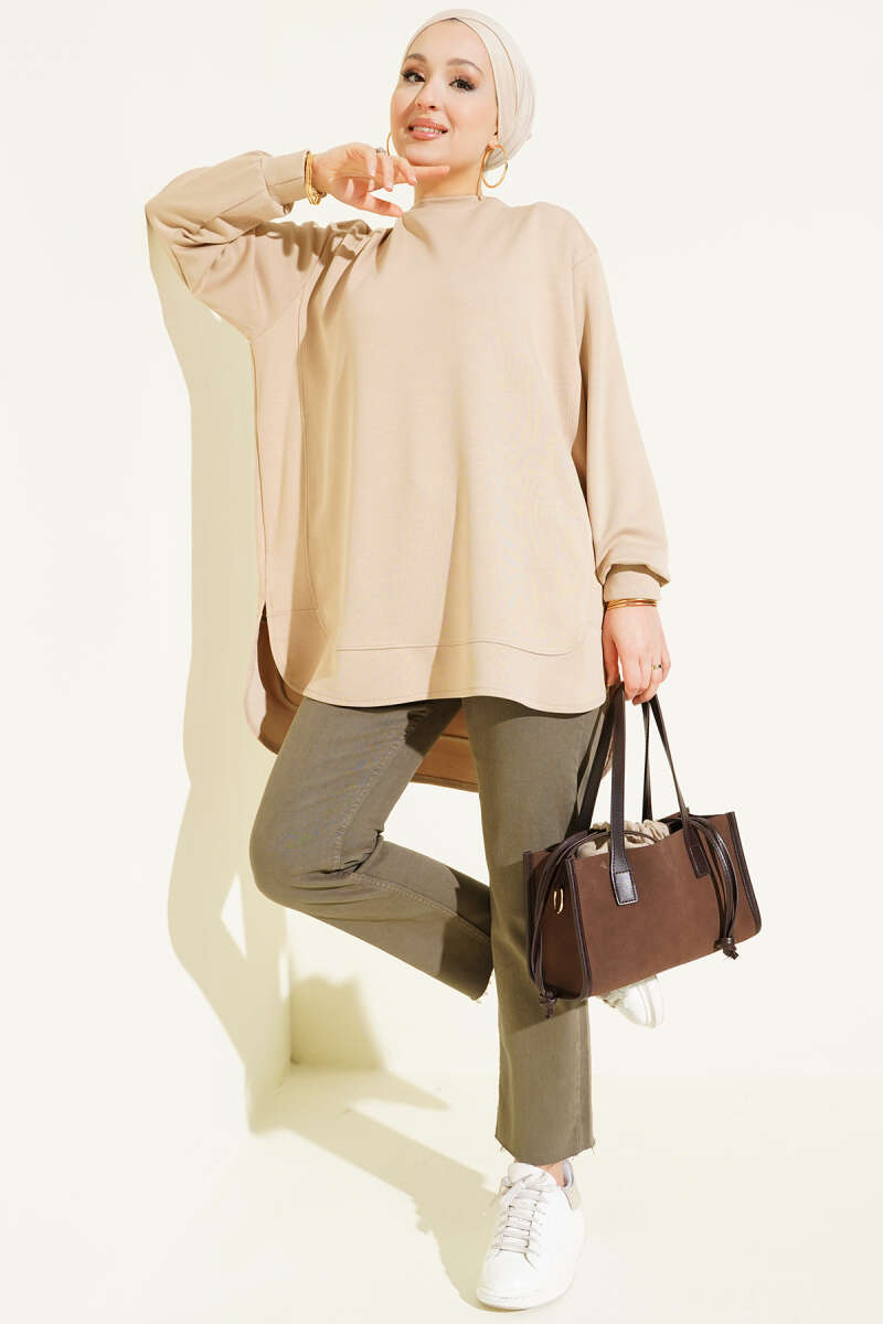 Loyşa Oval Cut Oversize Tunic Beige – Image 2