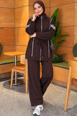 Loyşa Ribbon-Trimmed Zip-Up Two-Piece Set Dark Brown