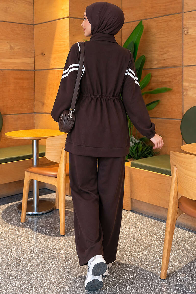 Loyşa Ribbon-Trimmed Zip-Up Two-Piece Set Dark Brown - Imagen 3