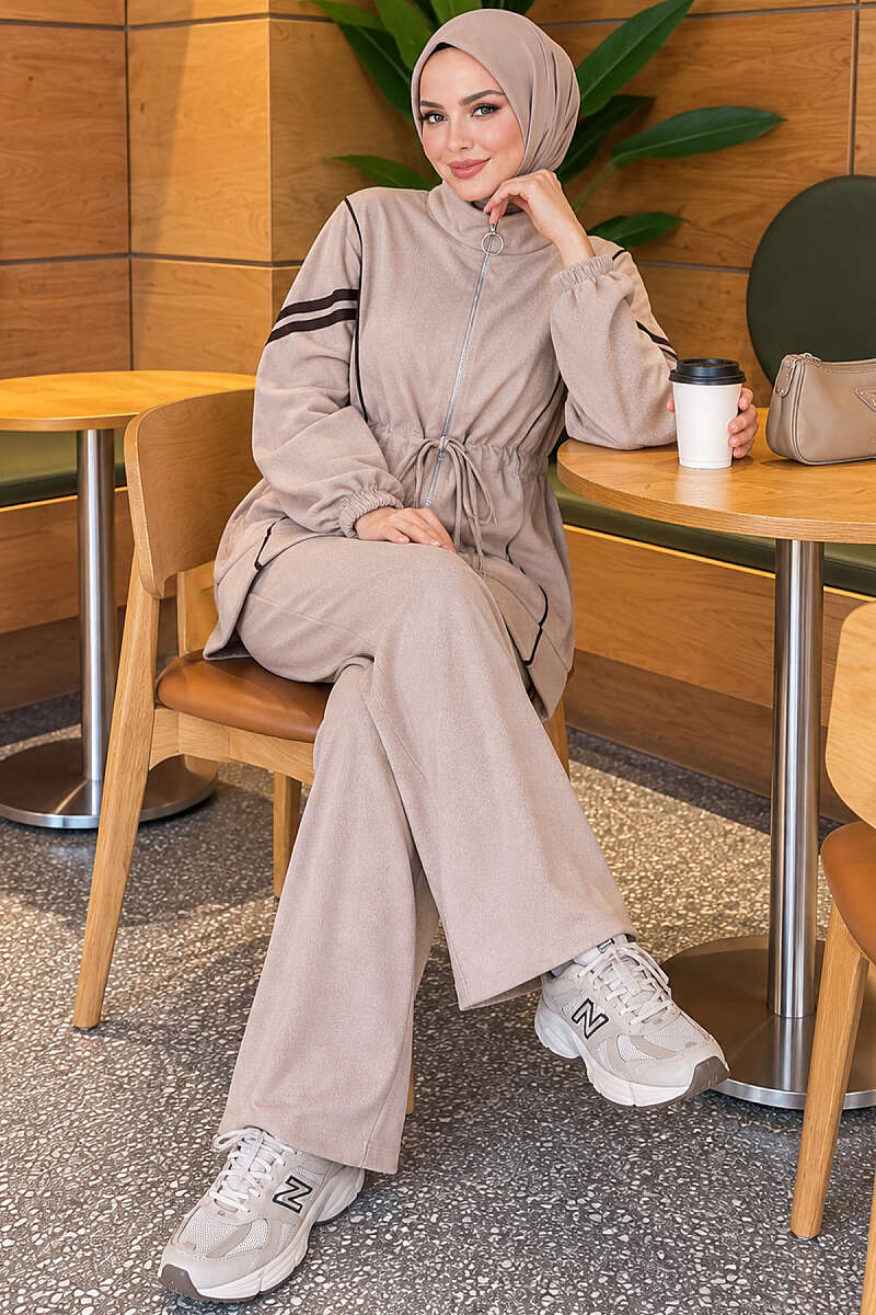 Loyşa Ribbon-Trimmed Zip-Up Two-Piece Set Beige