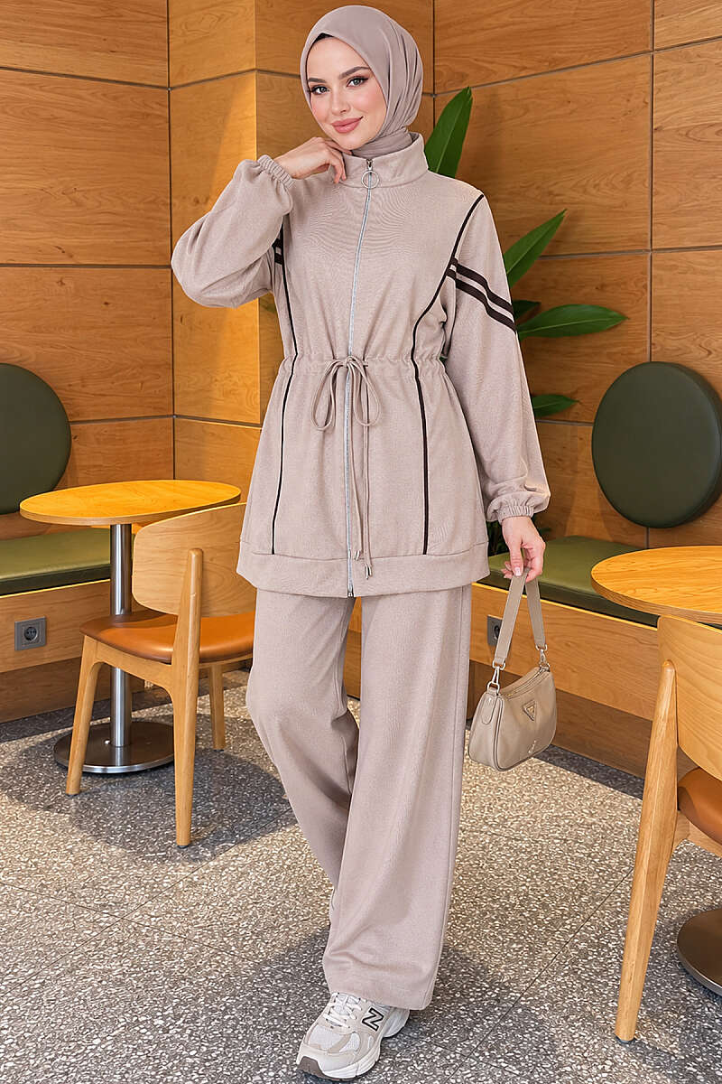 Loyşa Ribbon-Trimmed Zip-Up Two-Piece Set Beige – Image 4