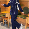 Loyşa Ribbon-Trimmed Zip-Up Two-Piece Set Navy Blue
