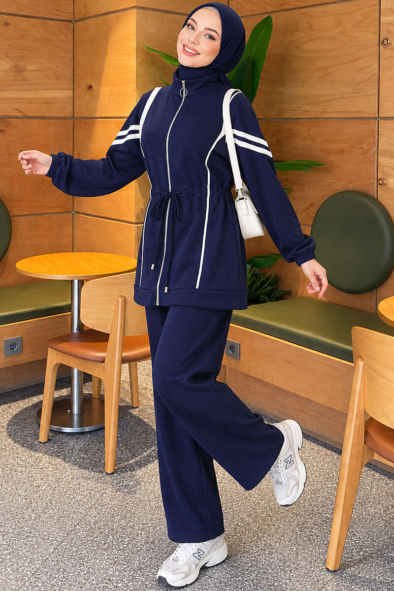 Loyşa Ribbon-Trimmed Zip-Up Two-Piece Set Navy Blue