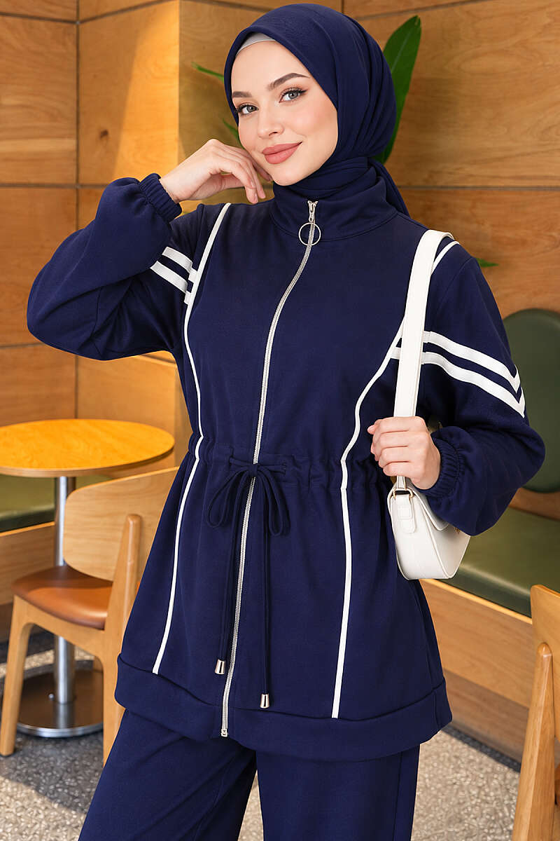Loyşa Ribbon-Trimmed Zip-Up Two-Piece Set Navy Blue – Image 2