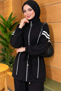 Alternative view of Loyşa Ribbon-Trimmed Zip-Up Two-Piece Set Black