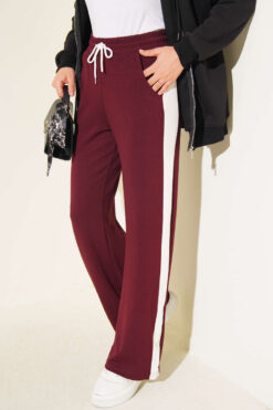 Loyşa Striped Detail French Terry Pants Burgundy