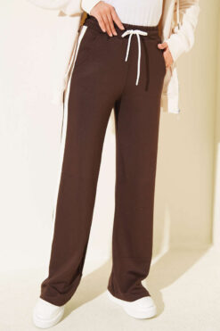 Loyşa Striped Detail French Terry Pants Brown