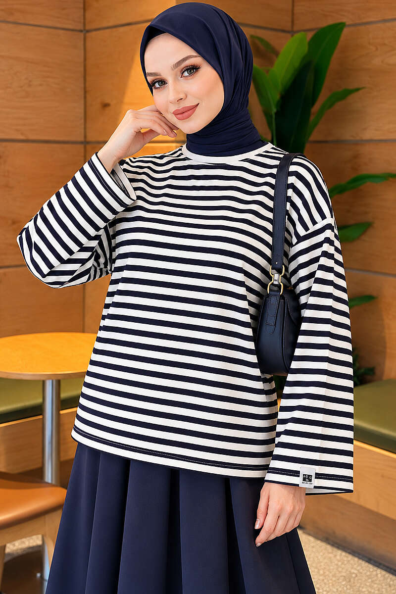 Striped French terry tunic with a hem edge Navy Blue - Image 5