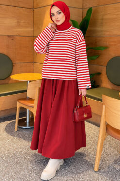 Alternative view of Striped French terry tunic with a hem edge Red