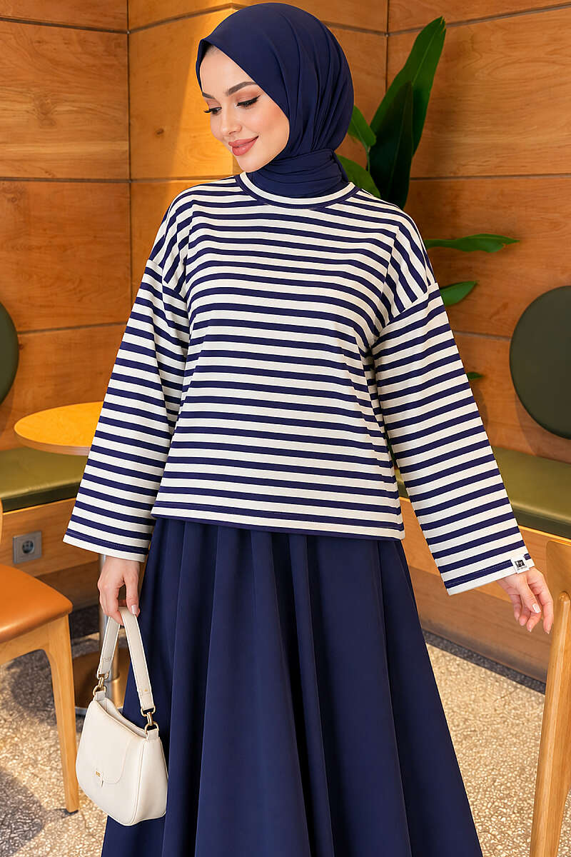 Striped French terry tunic with a hem edge Cream