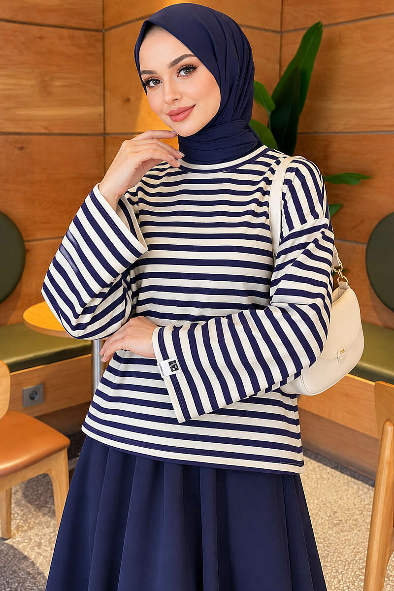 Striped French terry tunic with a hem edge Cream - immagine 3