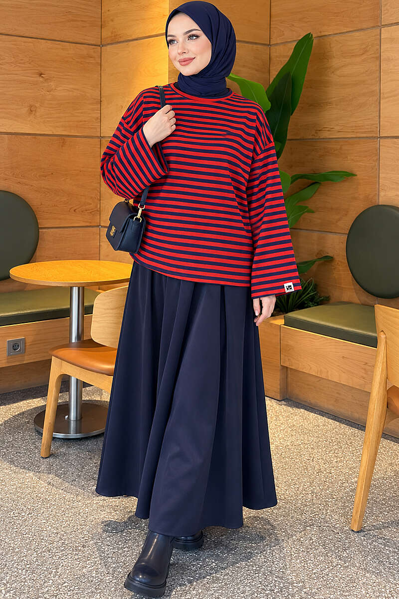 Striped French terry tunic with a hem edge Navy Blue - Image 2
