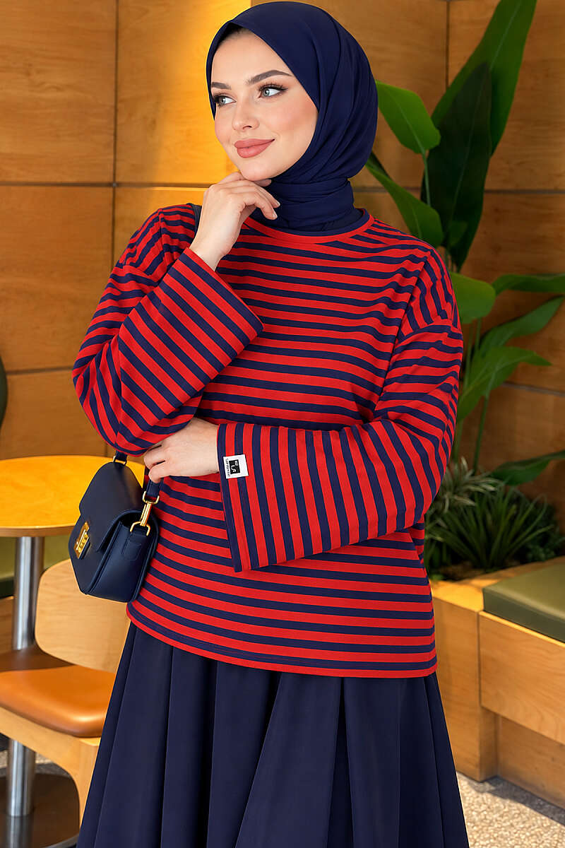 Striped French terry tunic with a hem edge Navy Blue - Image 3