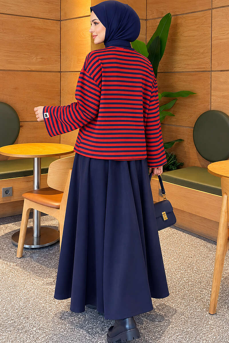 Striped French terry tunic with a hem edge Navy Blue - Image 4
