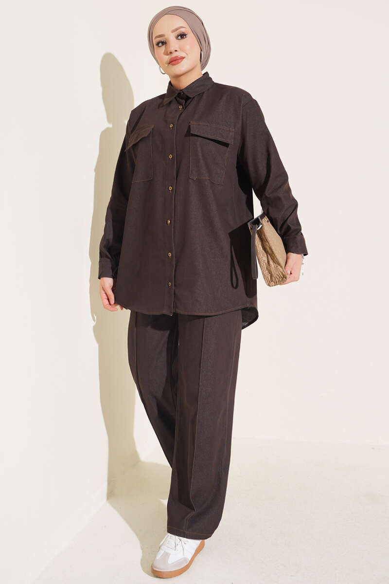 Buttoned Cuffed Two-Pocket Denim Two-Piece Set Brown