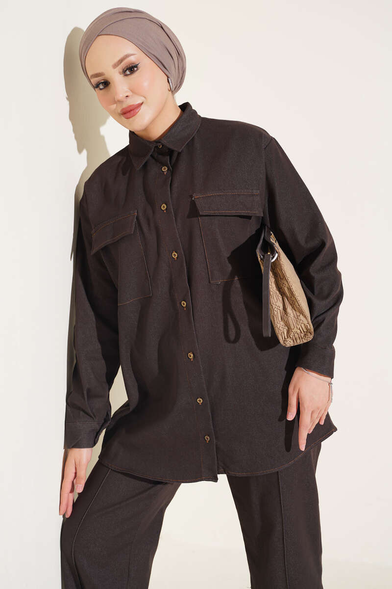 Buttoned Cuffed Two-Pocket Denim Two-Piece Set Brown - immagine 2