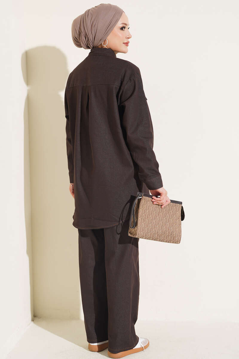 Buttoned Cuffed Two-Pocket Denim Two-Piece Set Brown - immagine 3