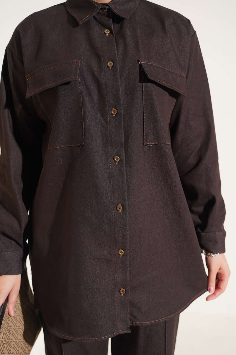 Buttoned Cuffed Two-Pocket Denim Two-Piece Set Brown - immagine 4