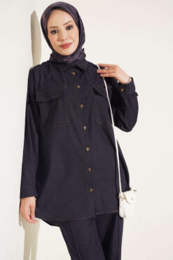 Alternative view of Buttoned Cuffed Two-Pocket Denim Two-Piece Set Navy Blue