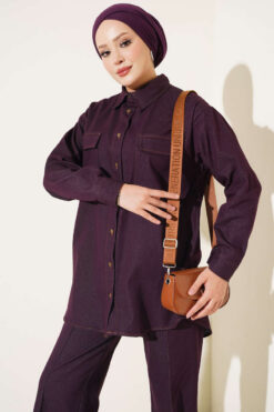 Alternative view of Buttoned Cuffed Two-Pocket Denim Two-Piece Set Plum