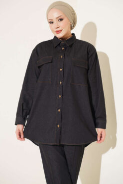 Alternative view of Buttoned Cuffed Two-Pocket Denim Two-Piece Set Black