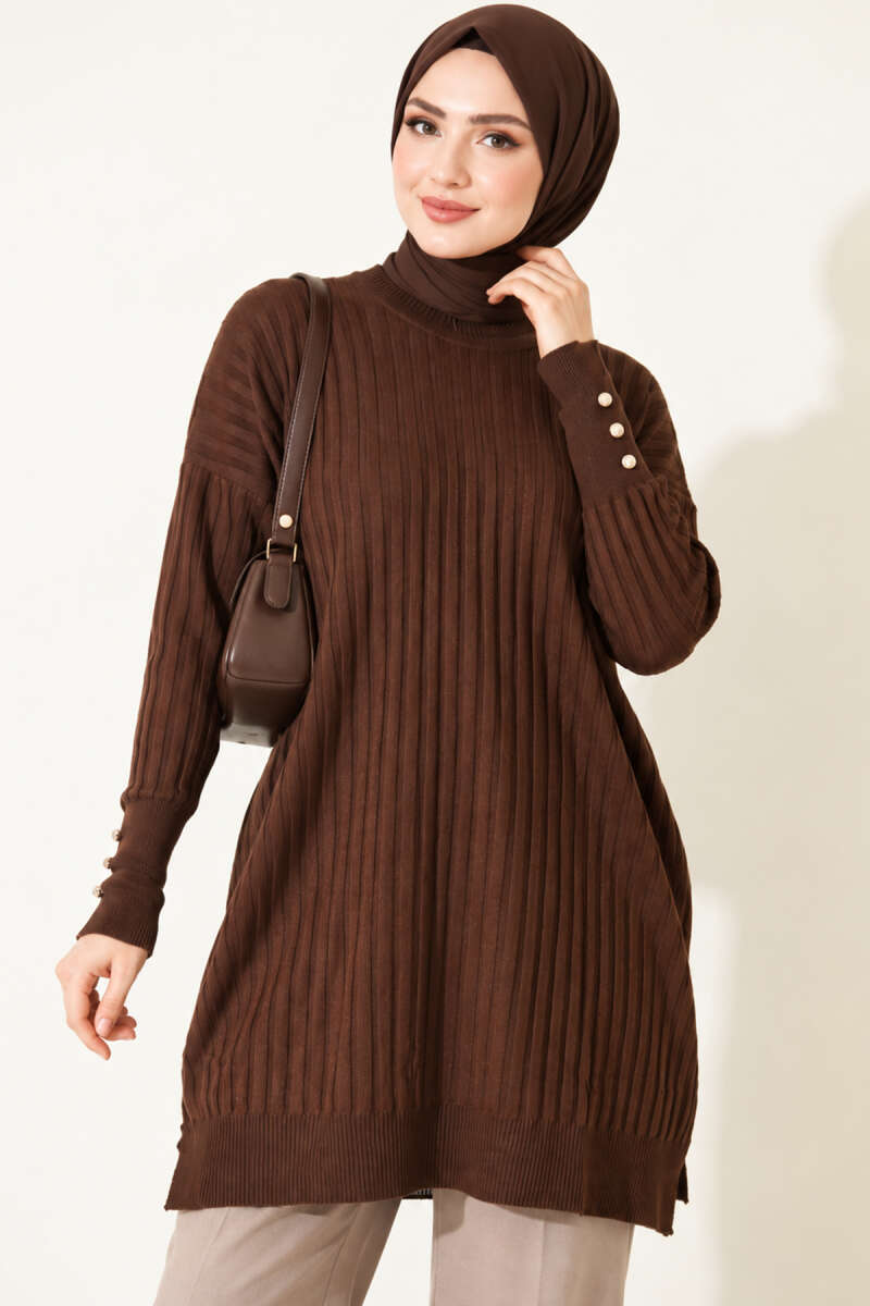 Ribbed Mercerized Tunic with Buttoned Cuffs Brown - Imagen 5