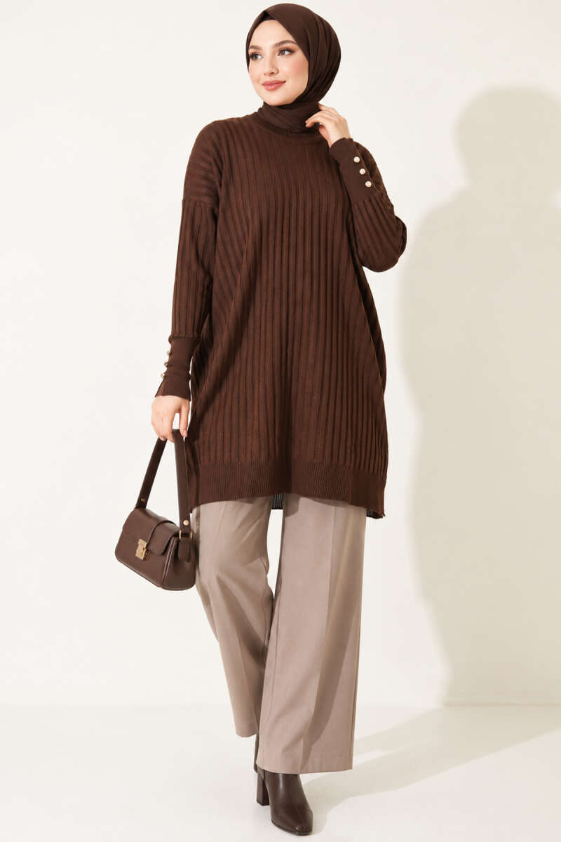 Ribbed Mercerized Tunic with Buttoned Cuffs Dark Brown - الصورة 2