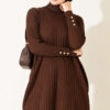 Ribbed Mercerized Tunic with Buttoned Cuffs Dark Brown - الصورة 3