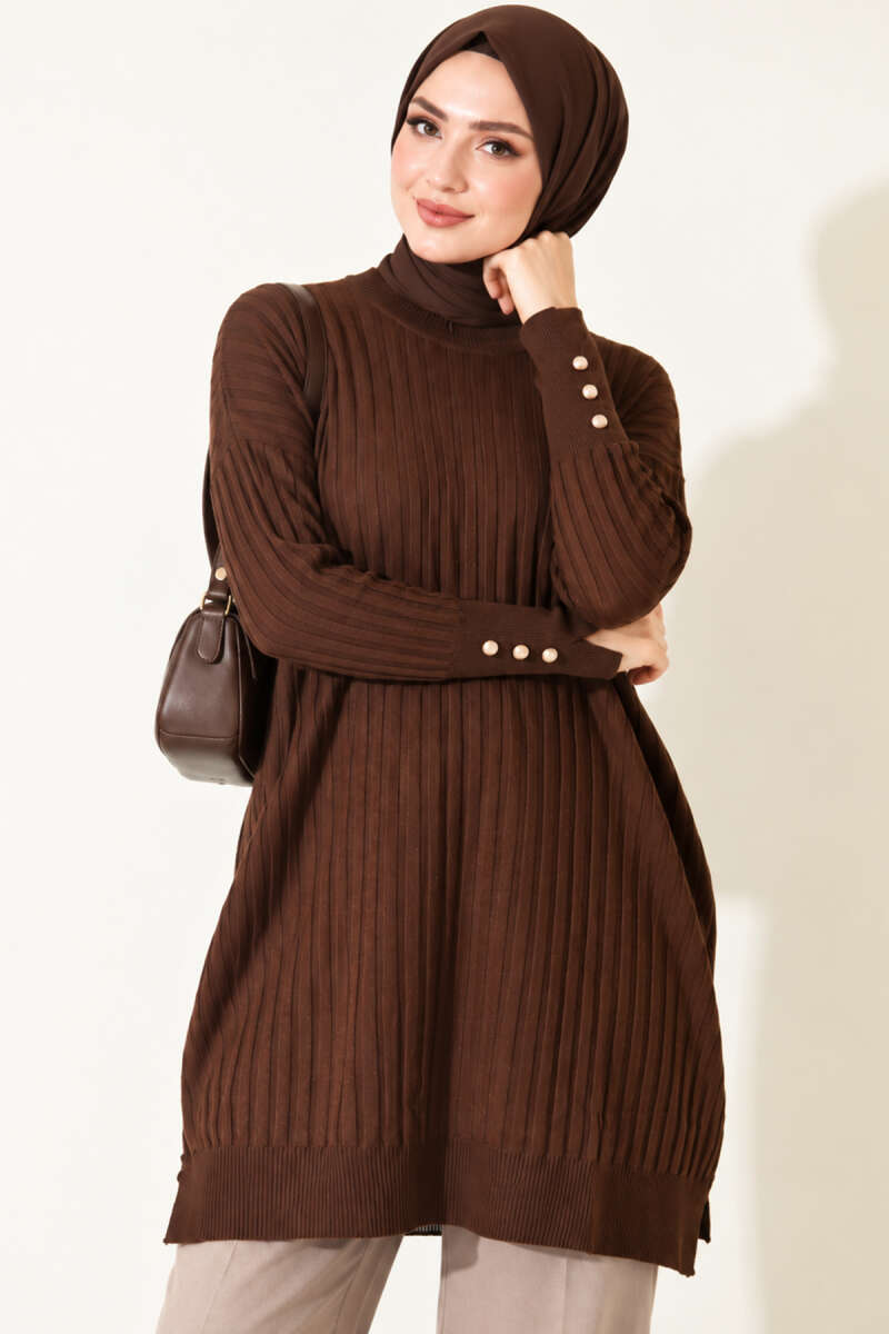 Ribbed Mercerized Tunic with Buttoned Cuffs Dark Brown - الصورة 3