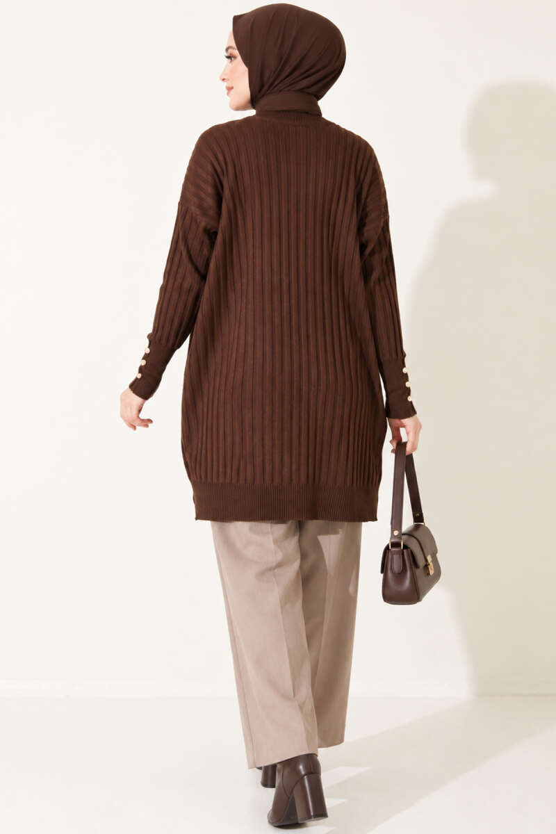 Ribbed Mercerized Tunic with Buttoned Cuffs Dark Brown - الصورة 4