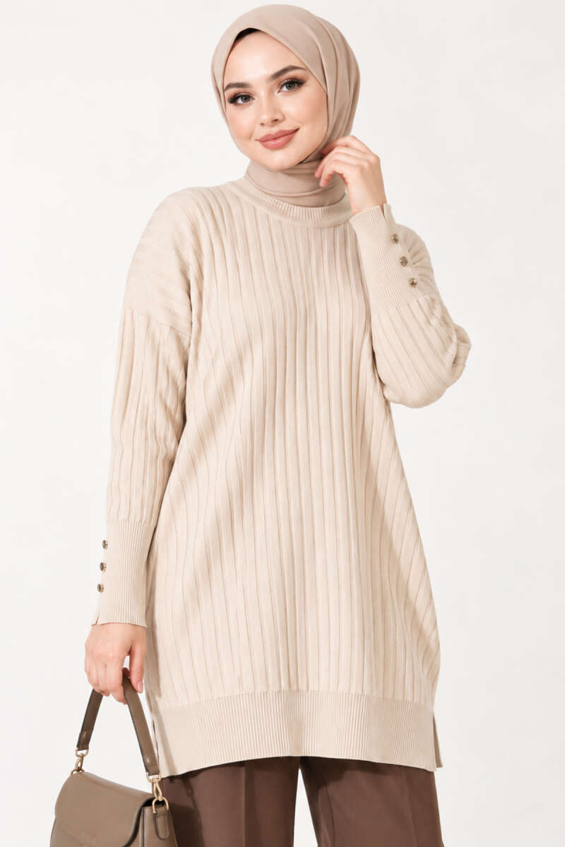 Ribbed Mercerized Tunic with Buttoned Cuffs Beige