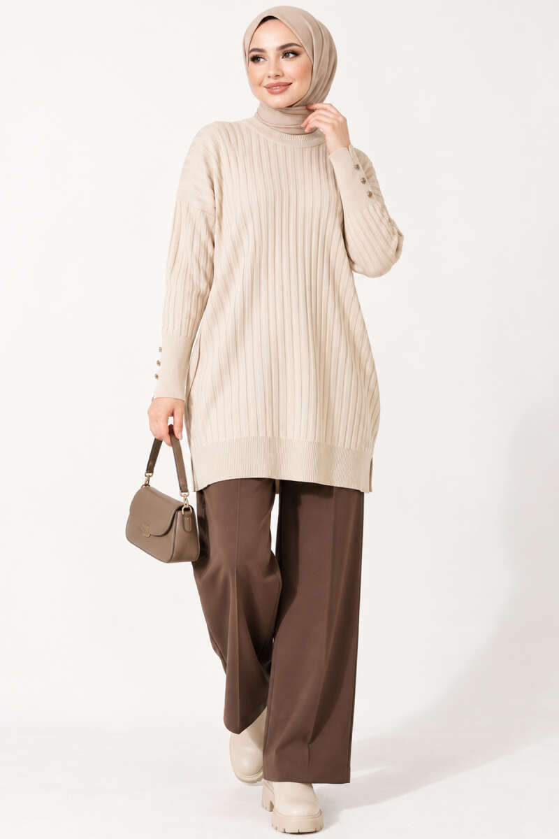 Ribbed Mercerized Tunic with Buttoned Cuffs Beige - الصورة 2