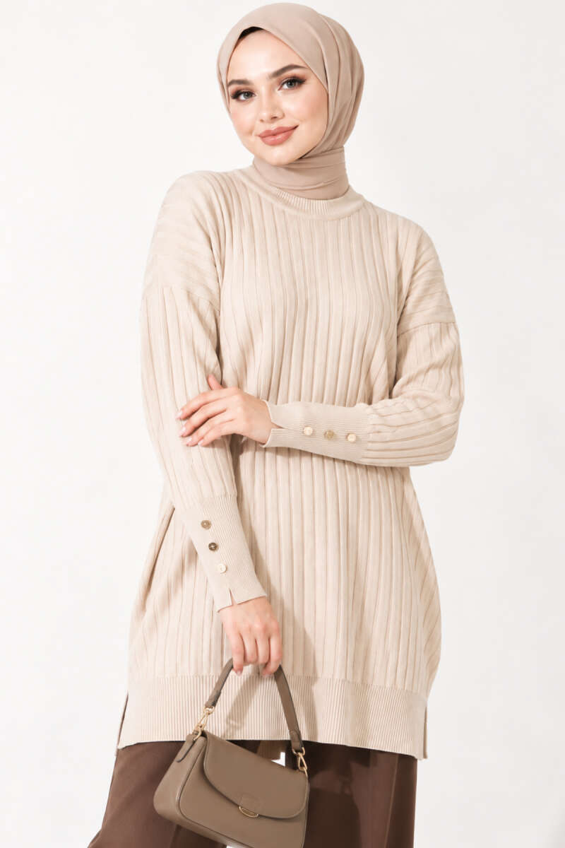 Ribbed Mercerized Tunic with Buttoned Cuffs Beige - الصورة 3