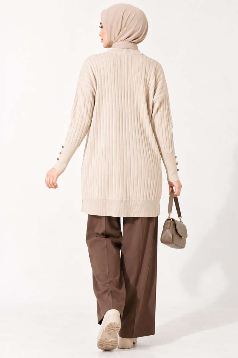 Ribbed Mercerized Tunic with Buttoned Cuffs Beige - الصورة 4