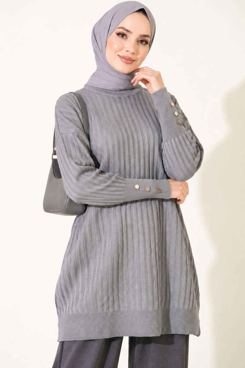 Ribbed Mercerized Tunic with Buttoned Cuffs Grey