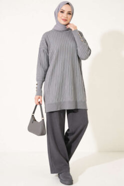 Alternative view of Ribbed Mercerized Tunic with Buttoned Cuffs Grey
