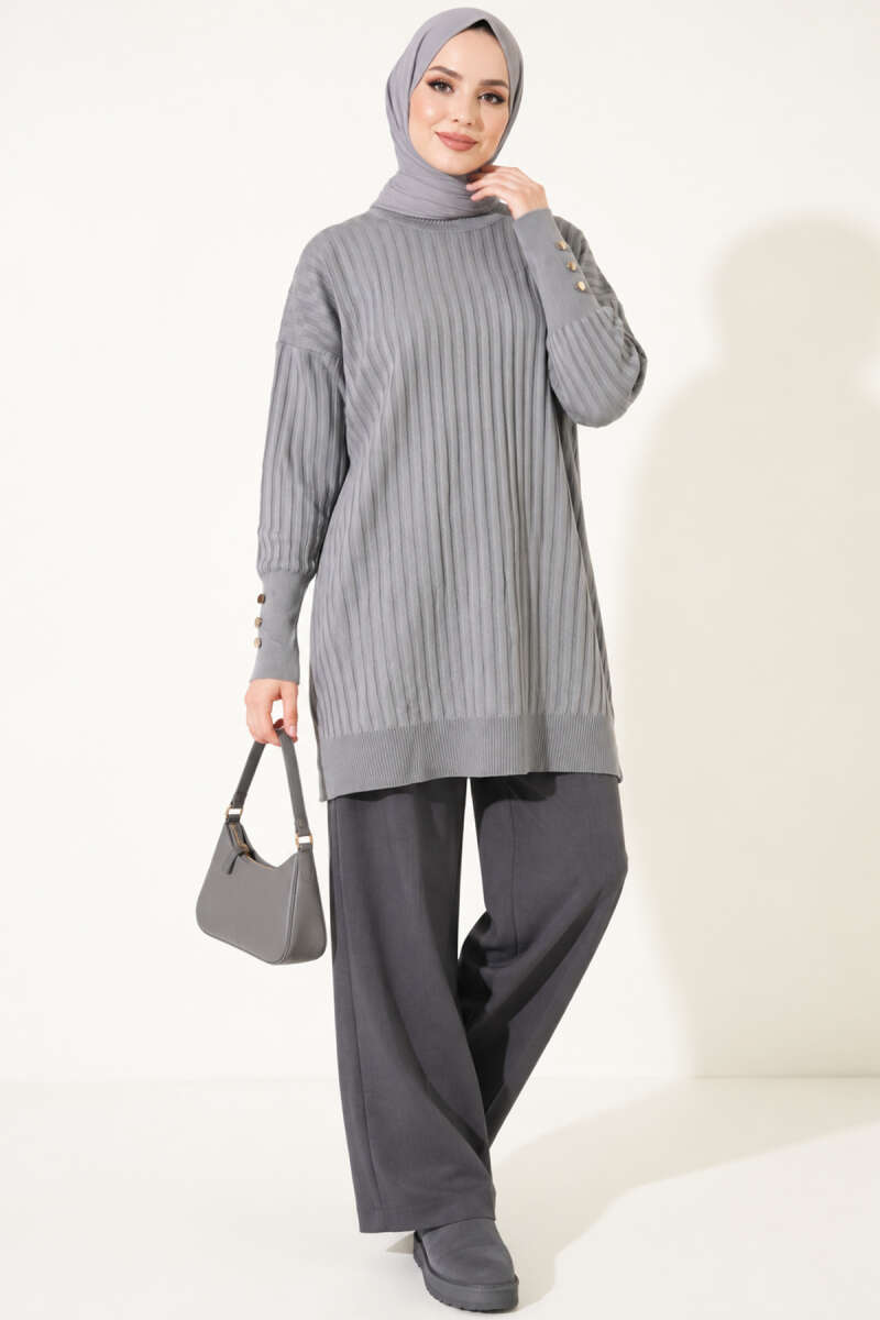 Ribbed Mercerized Tunic with Buttoned Cuffs Grey - immagine 2