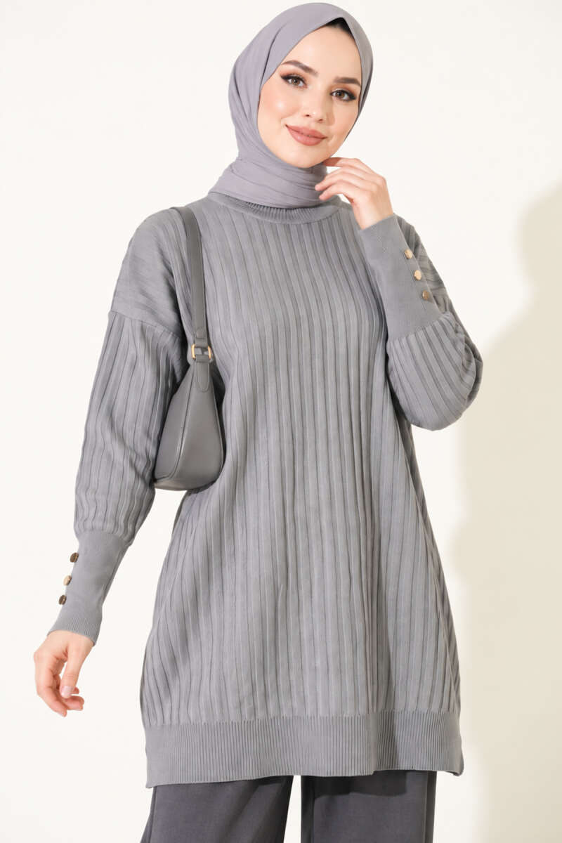 Ribbed Mercerized Tunic with Buttoned Cuffs Grey - immagine 3