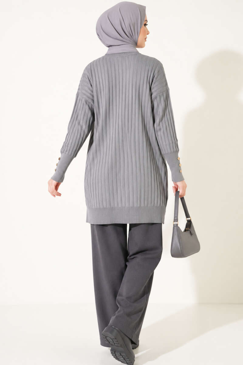 Ribbed Mercerized Tunic with Buttoned Cuffs Grey - immagine 4