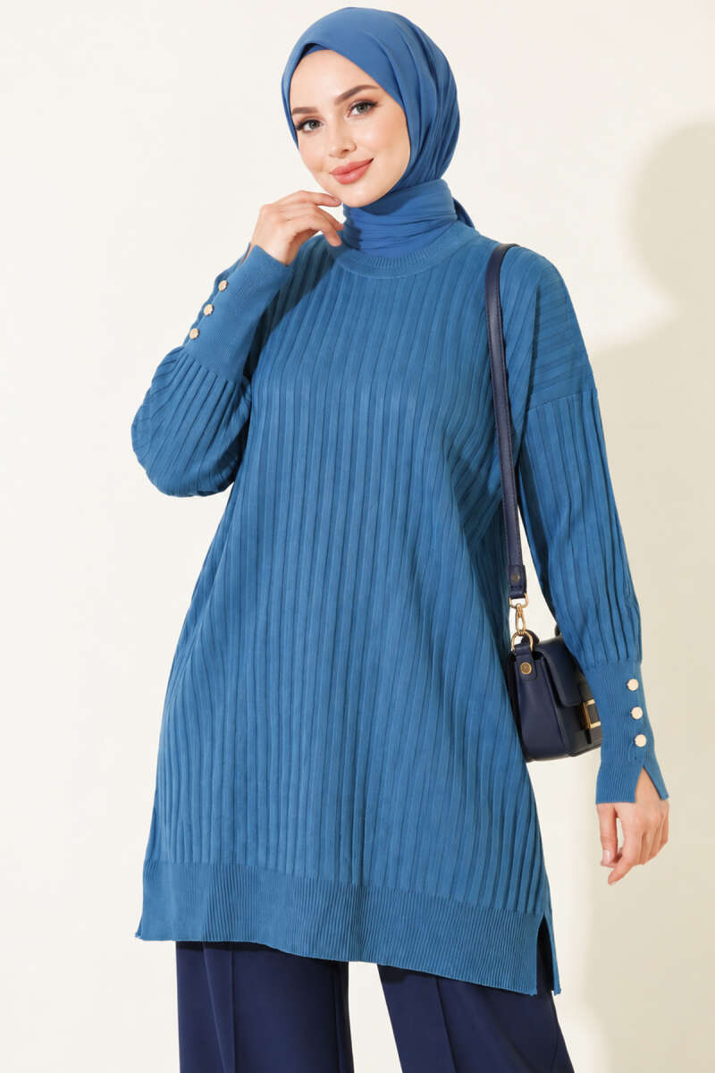 Ribbed Mercerized Tunic with Buttoned Cuffs Indigo