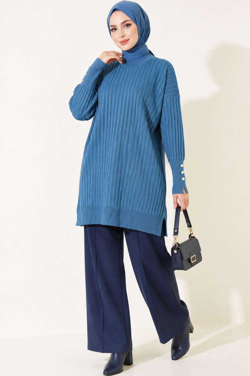 Ribbed Mercerized Tunic with Buttoned Cuffs Indigo – Bild 2